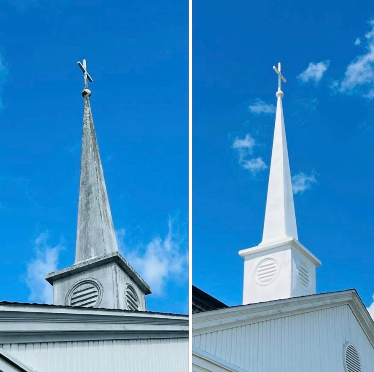 Church steeple before and after soft wash cleaning